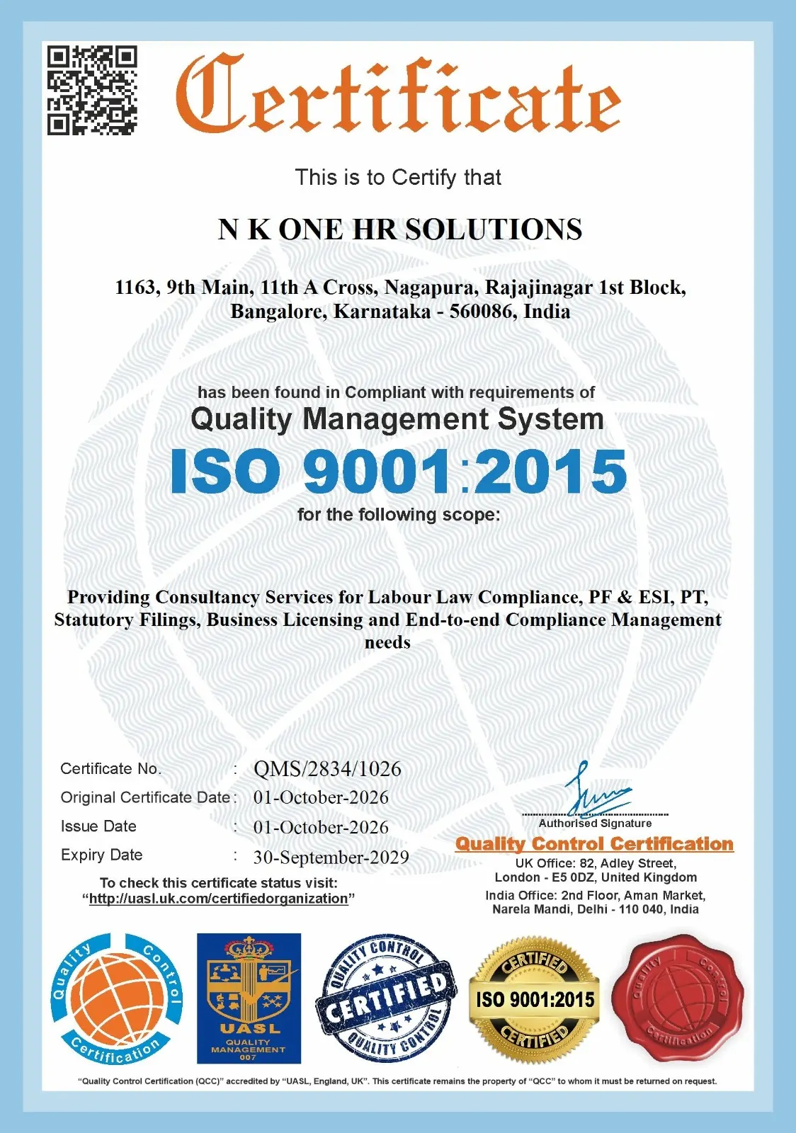 ISO 9001:2015 certificate QMS/2834/1026, issued to N K One HR Solutions by Quality Control Certification