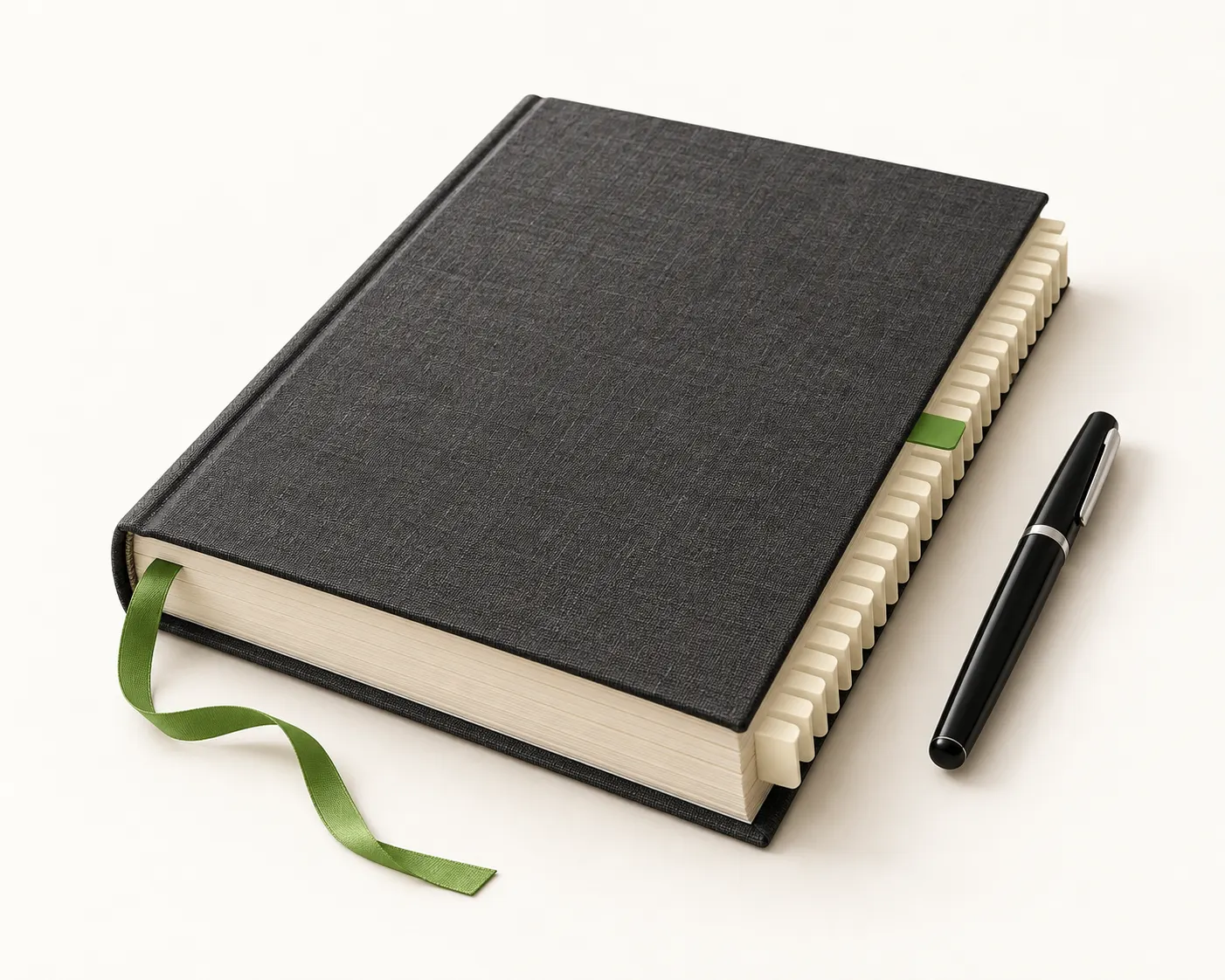 A charcoal register with a tab for every Indian state and union territory, one green tab pulled forward, beside a fountain pen