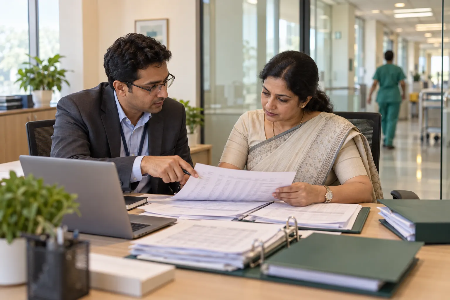 A compliance consultant reviewing a housekeeping contractor's attendance and wage records with a hospital administrator in a hospital office