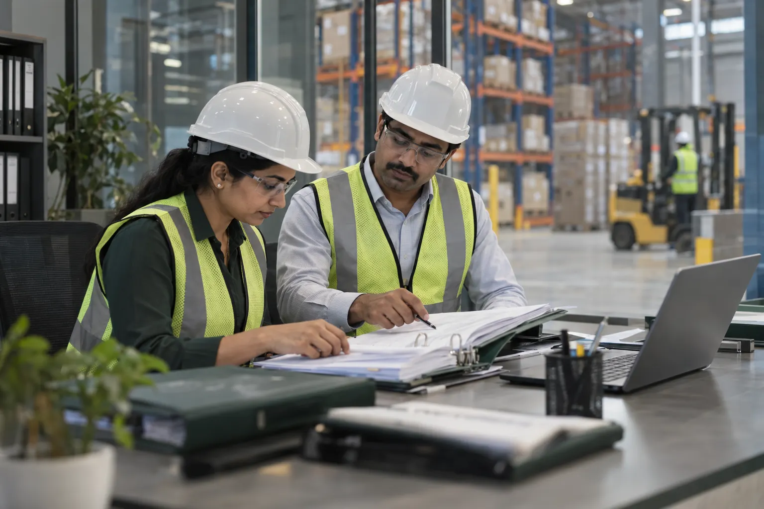A compliance consultant and a warehouse manager checking a licence file at a desk beside warehouse racking