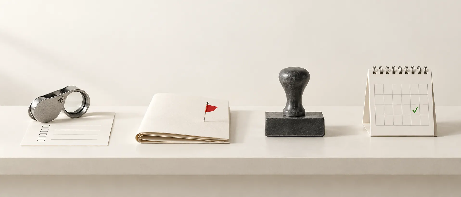 Four objects on a shelf: a loupe on a checklist, a flagged report, a rubber stamp and a calendar