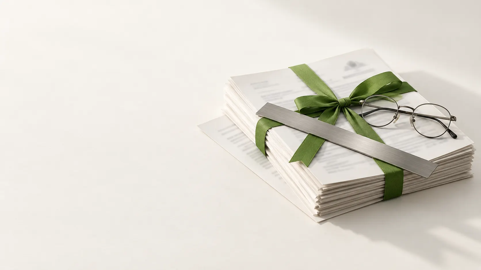 A stack of government notifications tied with a green ribbon