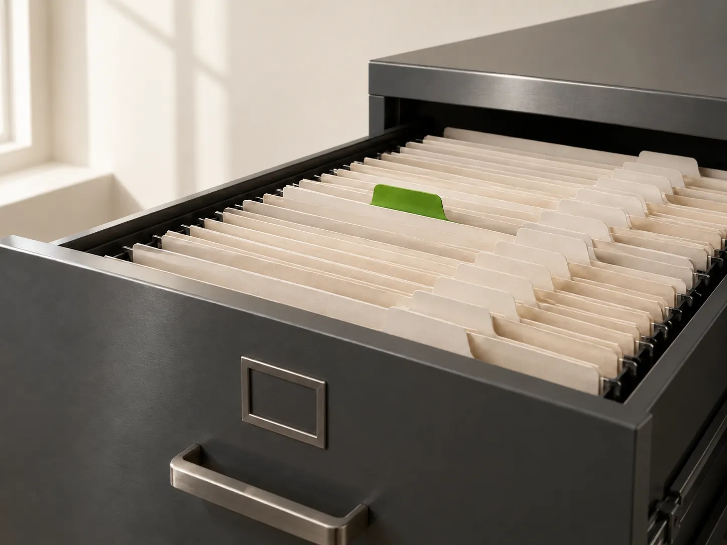 An open filing drawer of perfectly ordered registers, one green tab raised