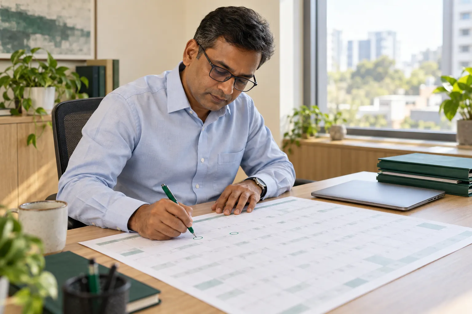 A payroll specialist marking state Labour Welfare Fund due dates on a desk calendar