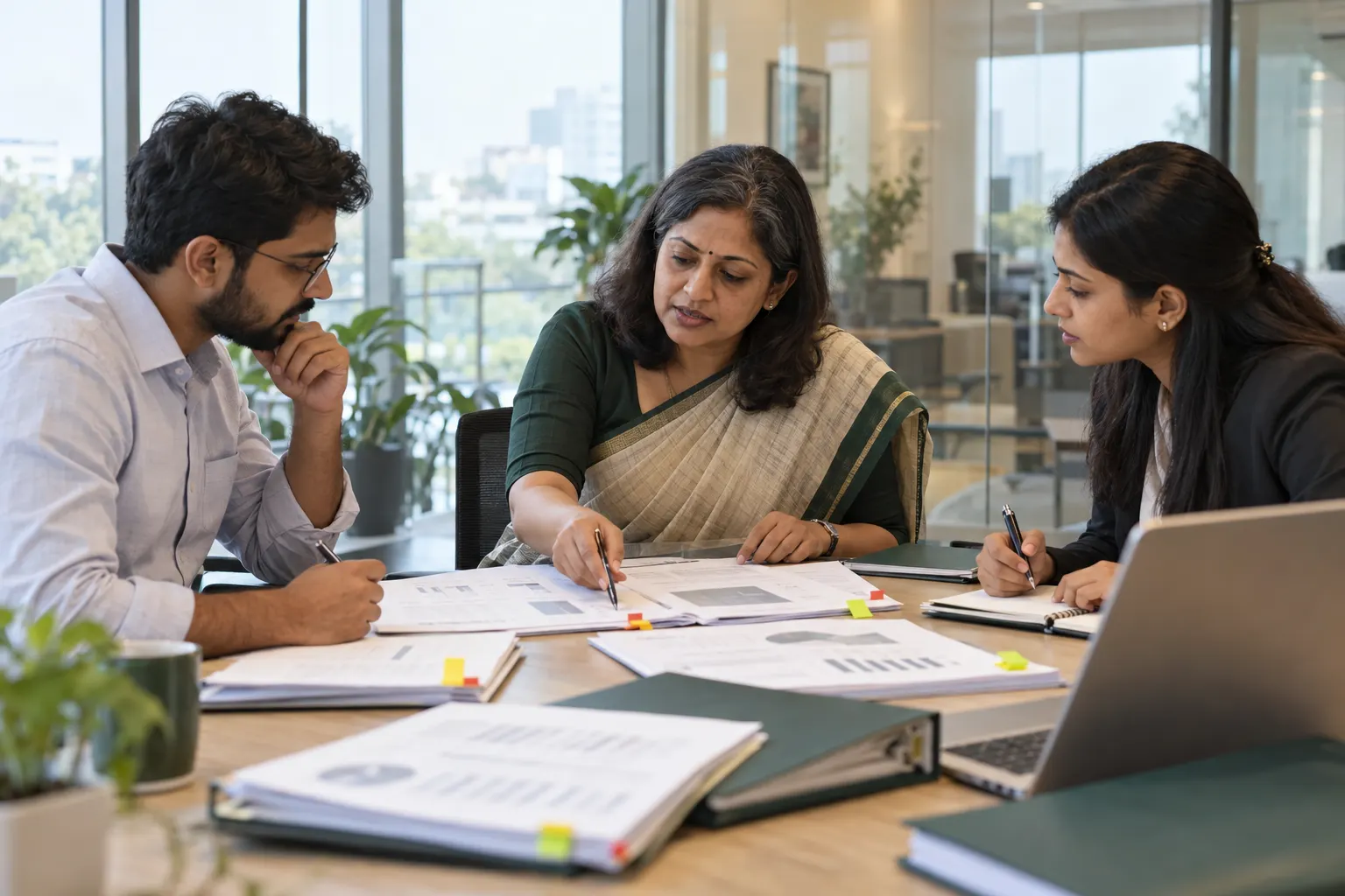 An audit team discussing findings around a meeting table with tabbed reports.