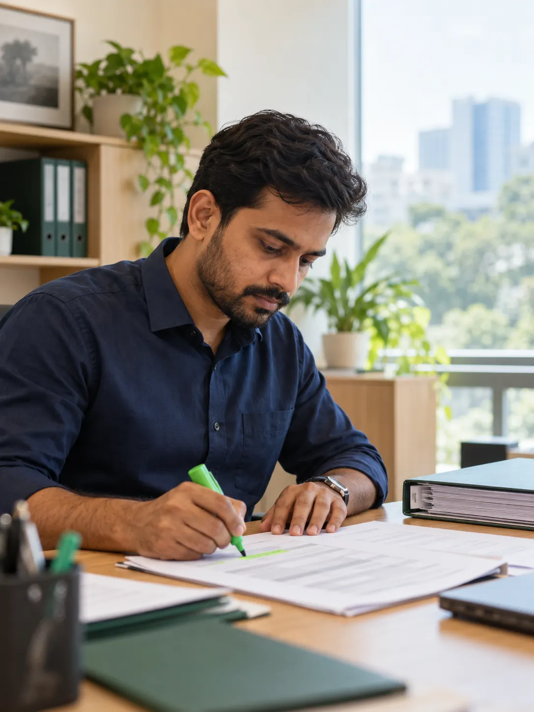 An auditor marking a finding on a printed checklist with a green highlighter.