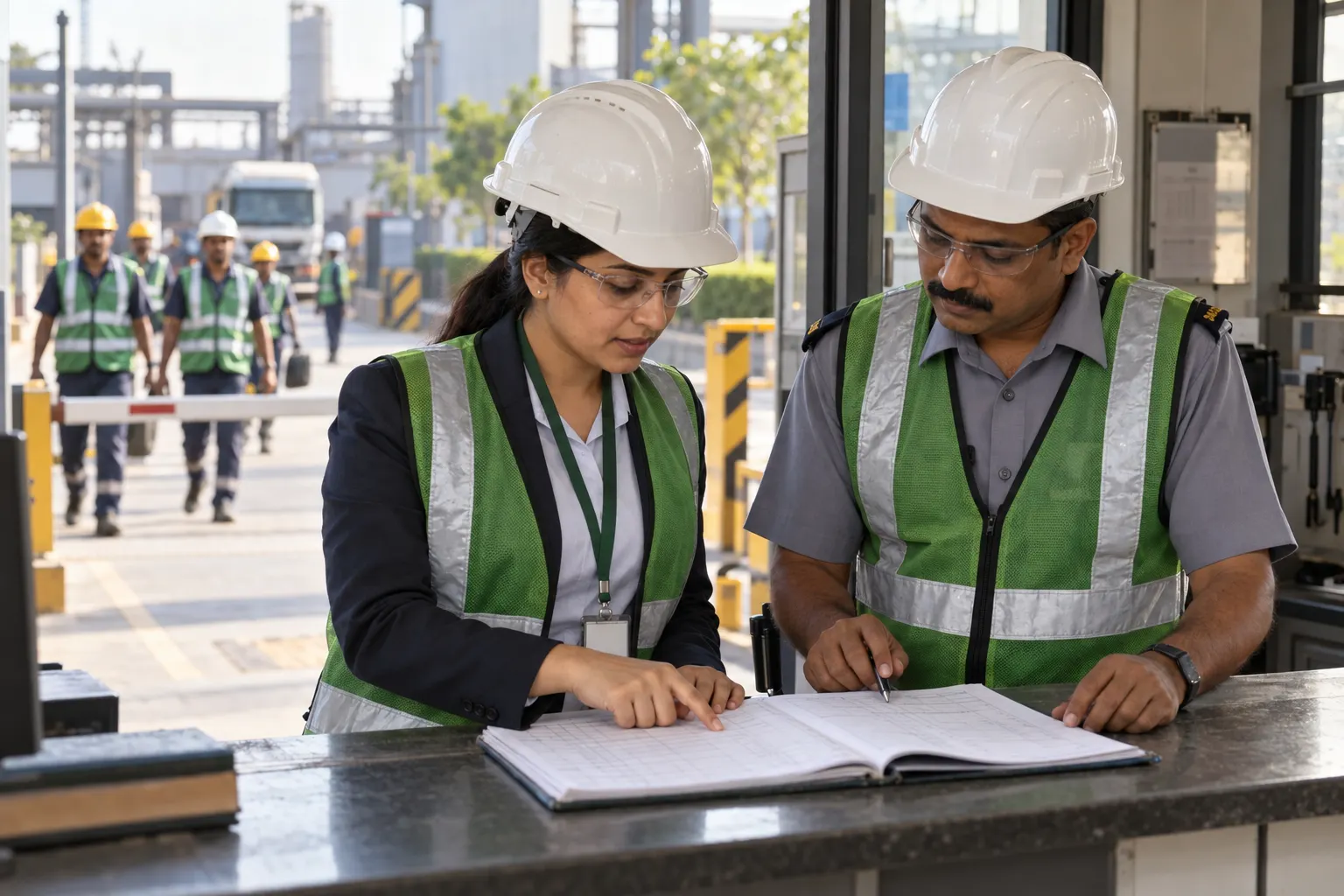 A compliance auditor and a security supervisor checking the contract workers' entry register at a factory gate.