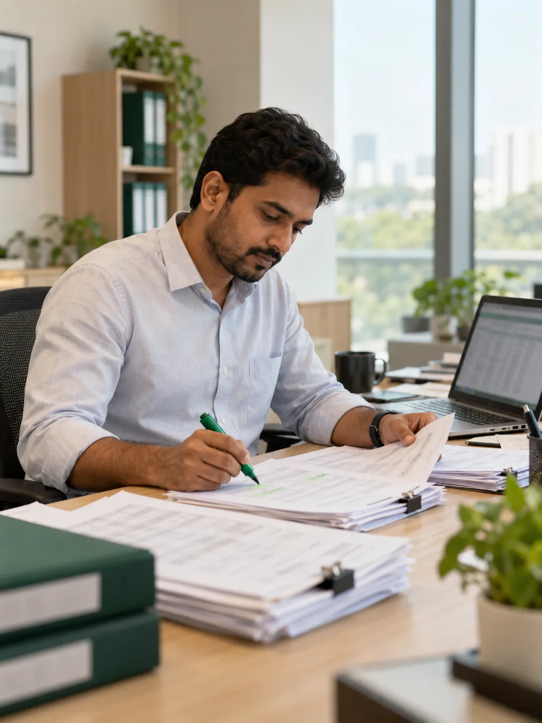 An auditor reviewing a contractor's wage sheets and challans at a table.