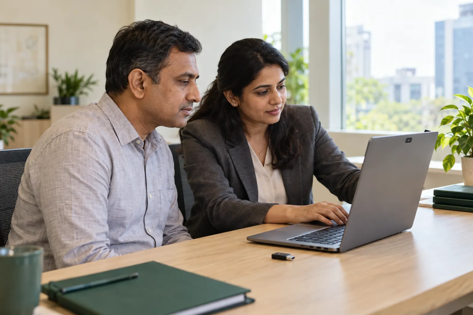 A consultant helping a client through DSC verification on a laptop.