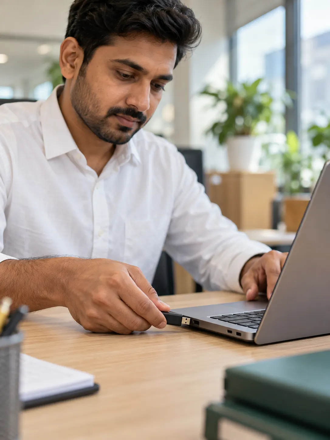 Hands inserting a USB digital signature token into a laptop.