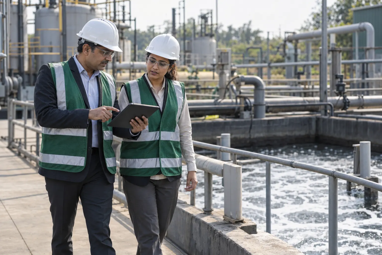 An EHS auditor and a plant manager inspecting a treatment area with a tablet.