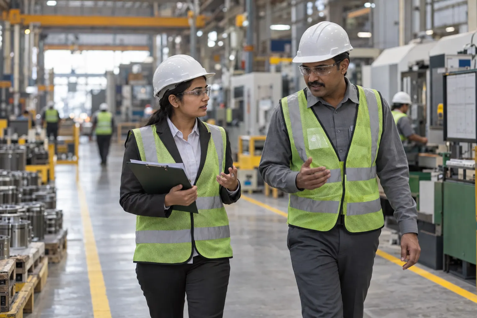 A compliance consultant and a factory supervisor in hard hats walking the shop floor with a clipboard.