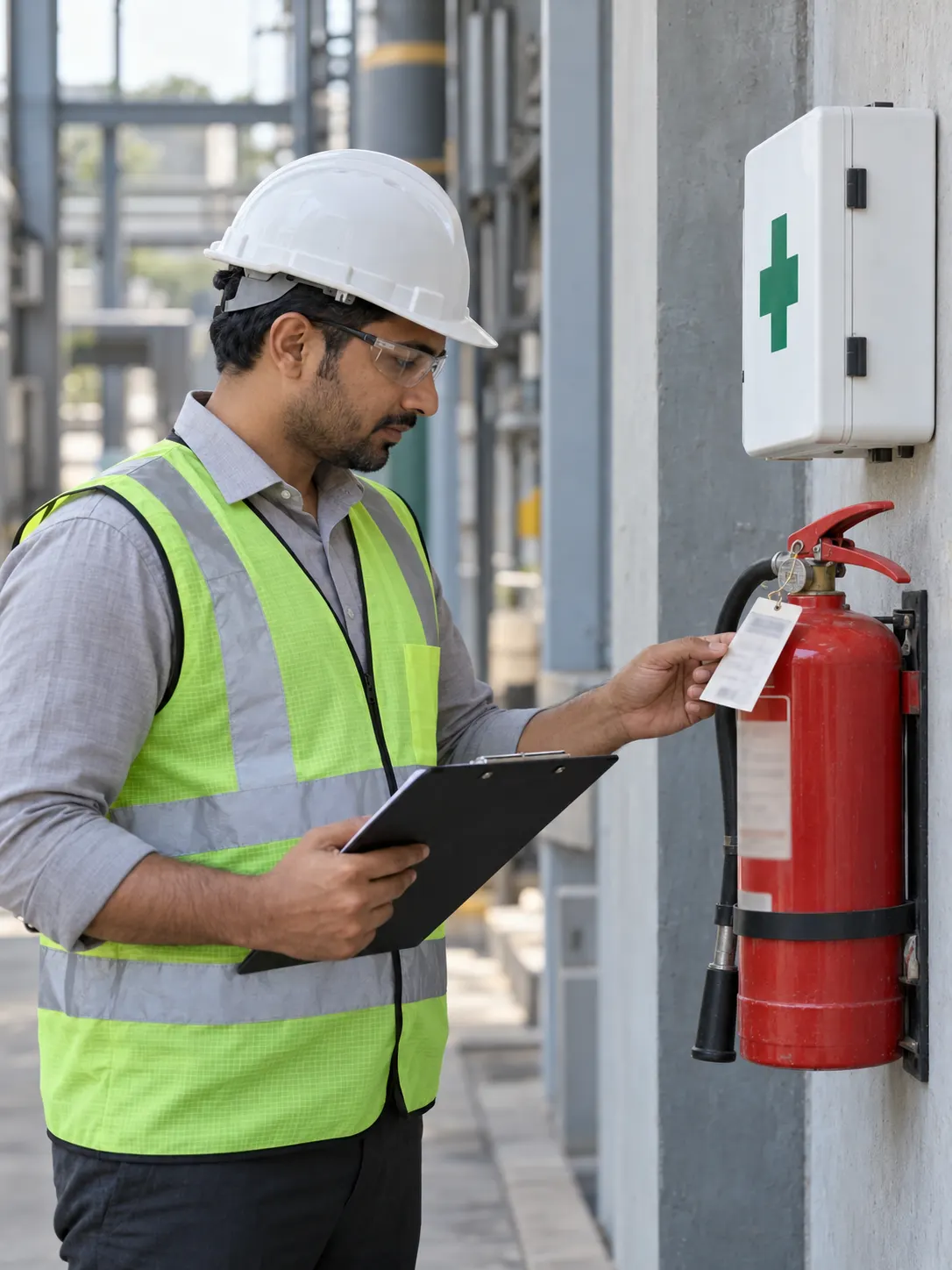 A consultant checking the inspection tag on a fire extinguisher in a factory.
