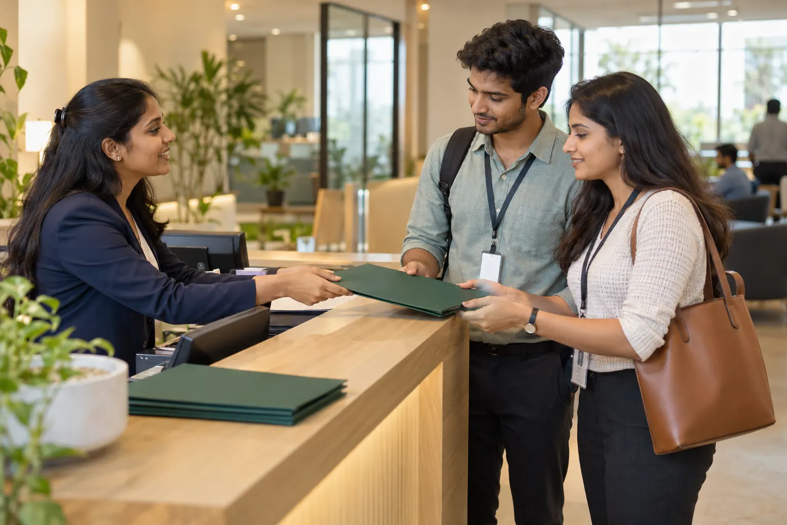 An HR coordinator handing an onboarding folder to two new associates at a reception desk.