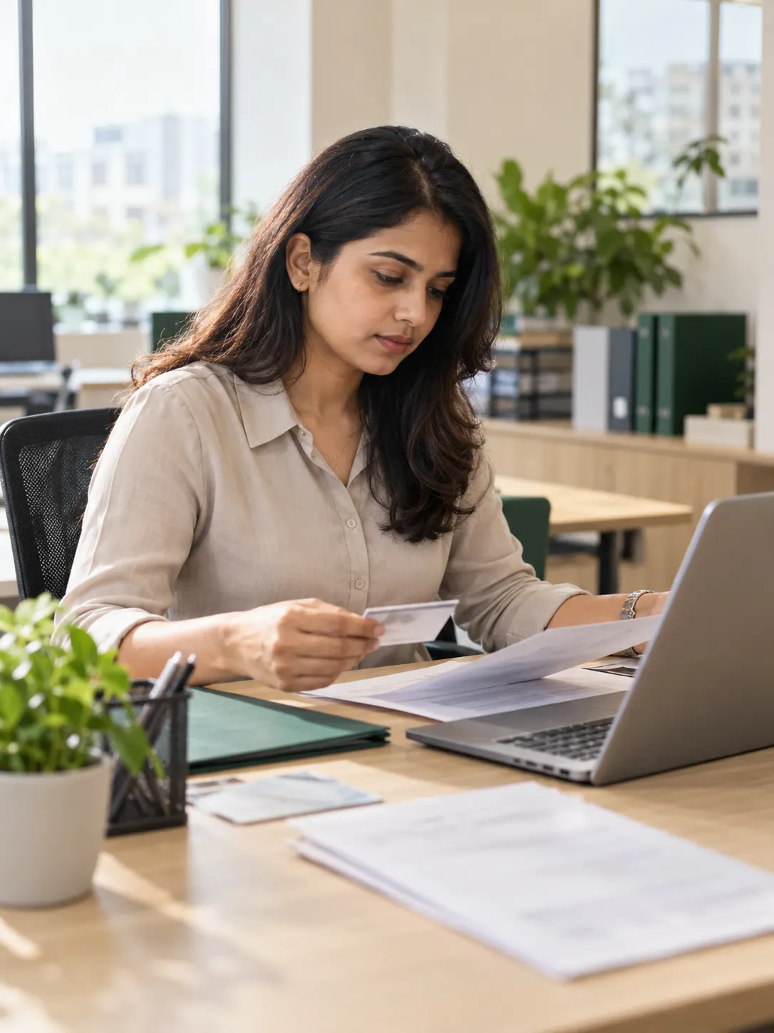 An HR executive verifying an associate's documents at a laptop.