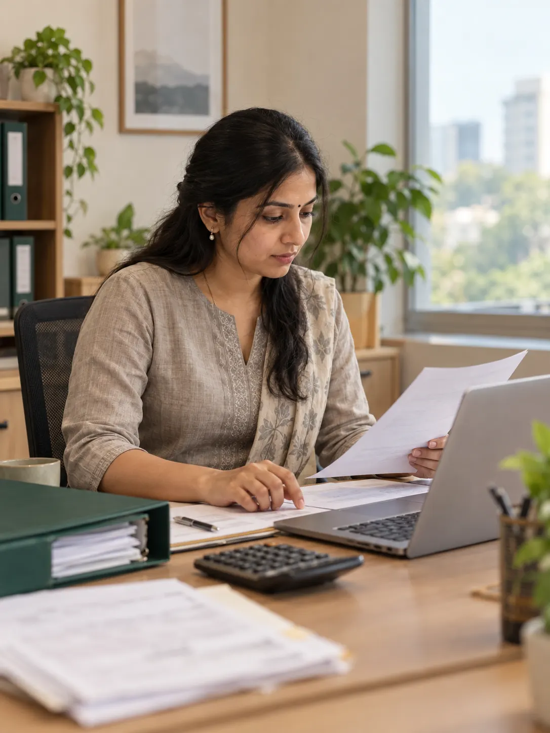 An accountant matching paper invoices against a laptop with a calculator.