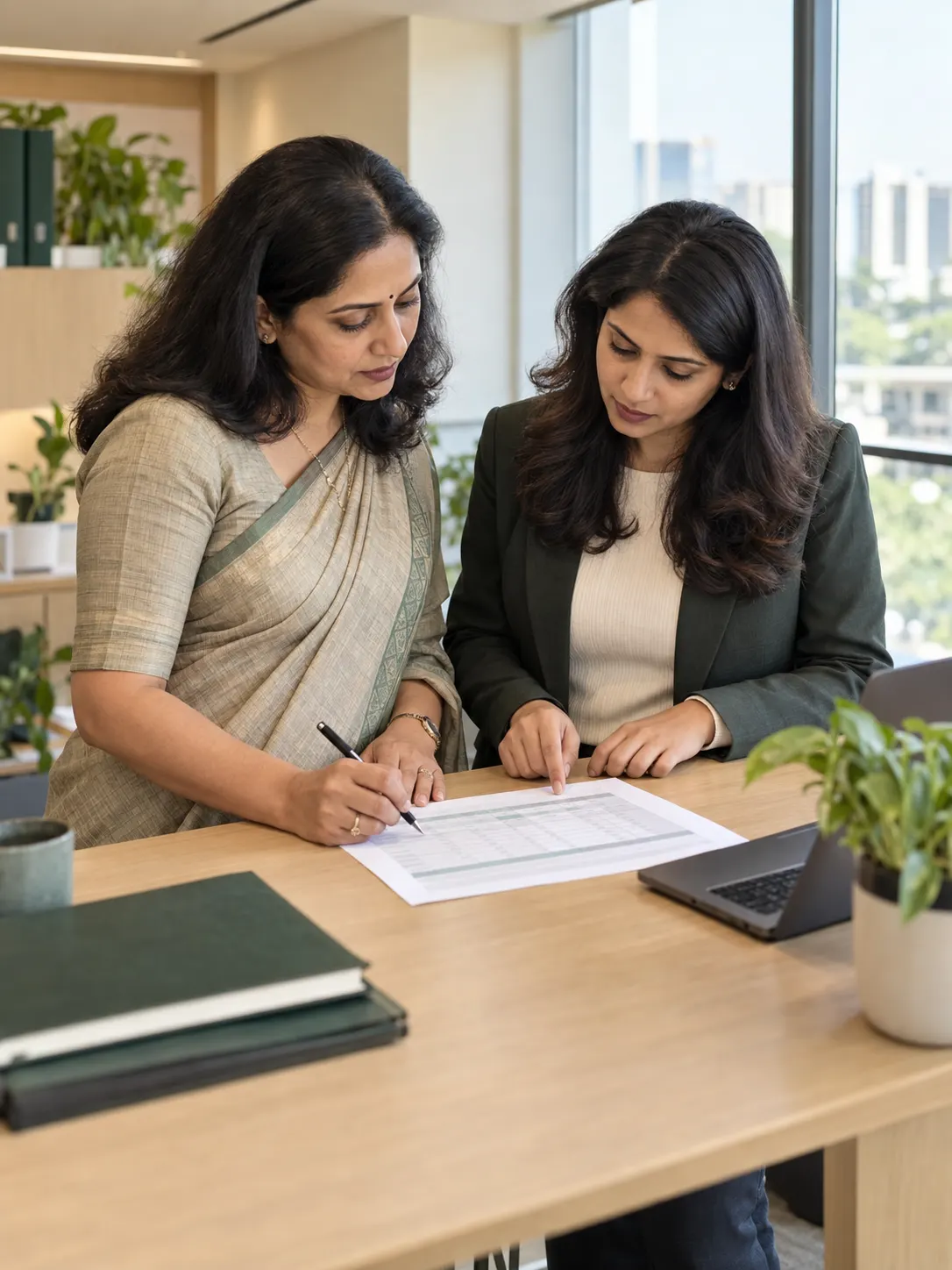 An HR head and an advisor reviewing a salary structure printout together.
