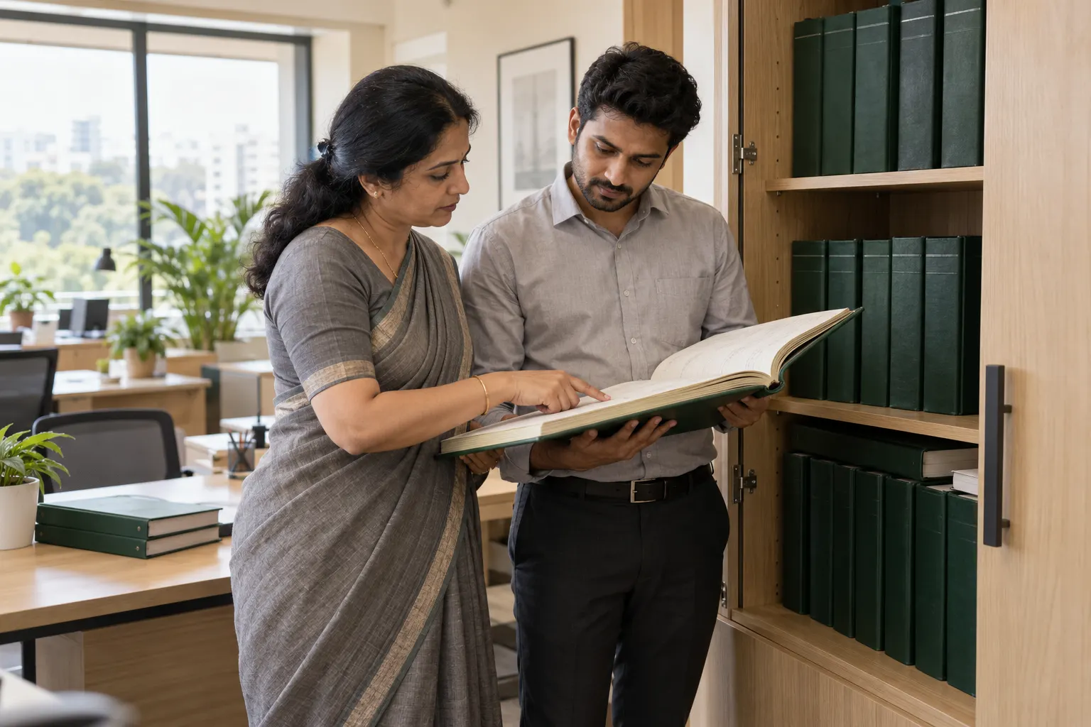 A compliance officer and an office manager reviewing bound registers at a records cabinet.