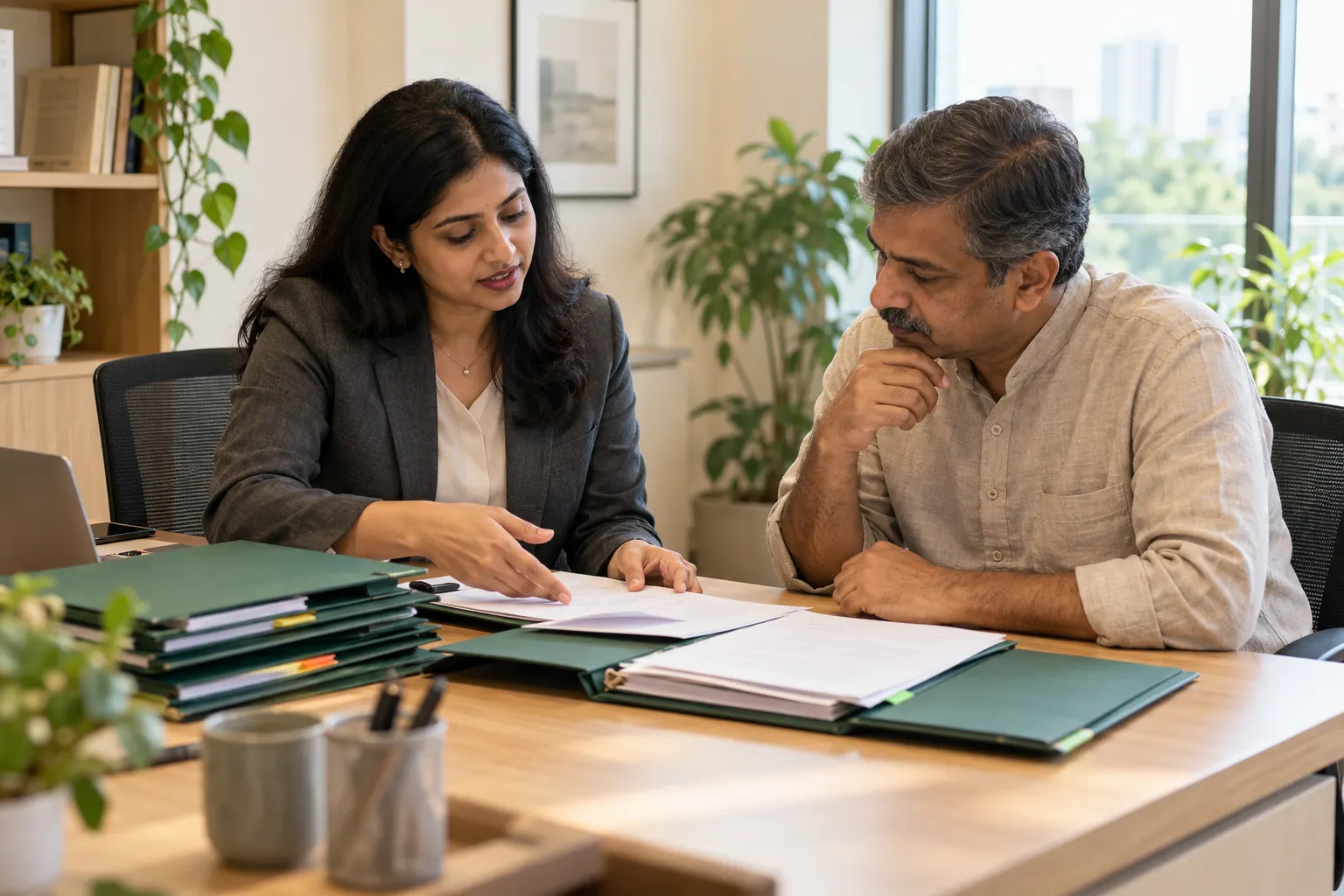 A consultant and a business owner reviewing licence documents in green folders at a desk.
