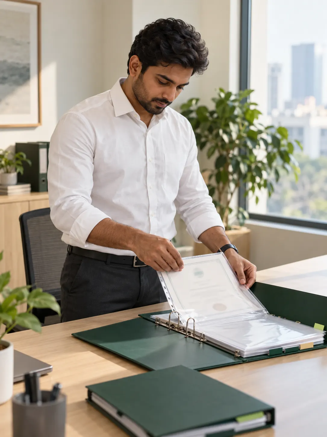 A specialist filing a renewed certificate into a deep-green folder.