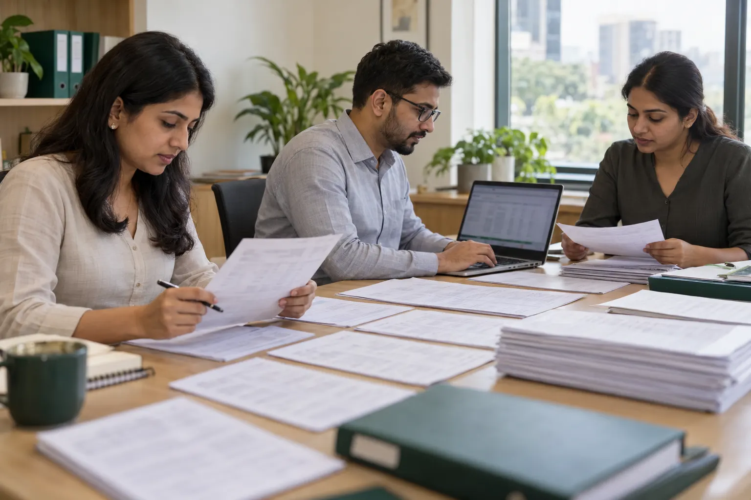 A payroll team of three reviewing printed payslips and a spreadsheet at a meeting table.