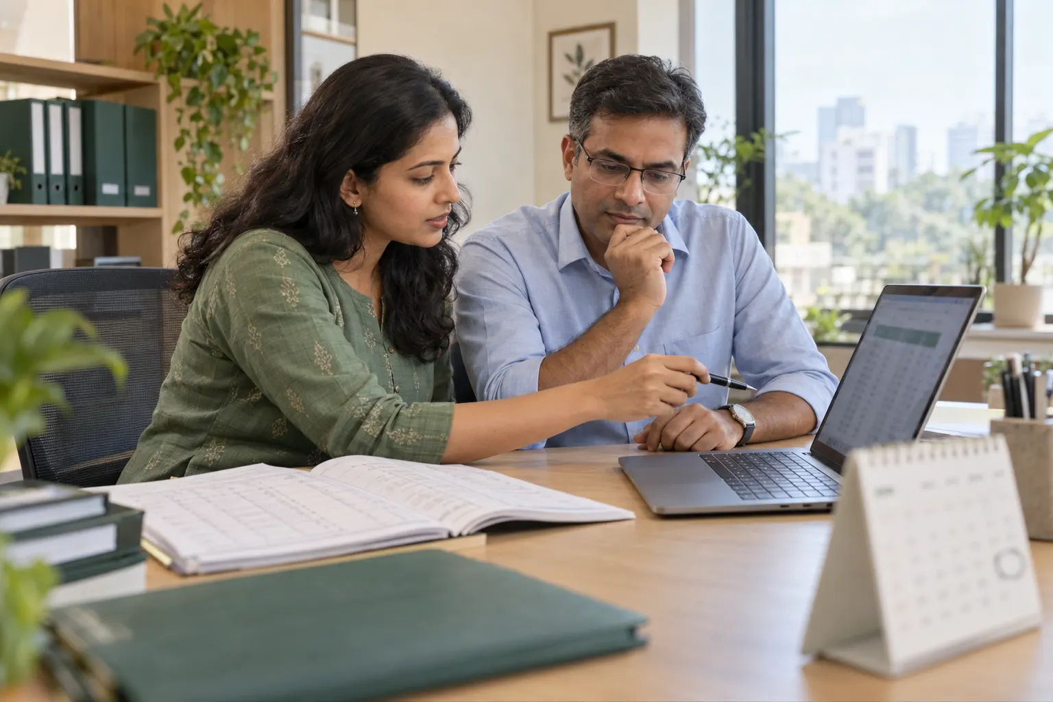 Two compliance professionals reviewing a contribution statement on a laptop beside a printed wage register.