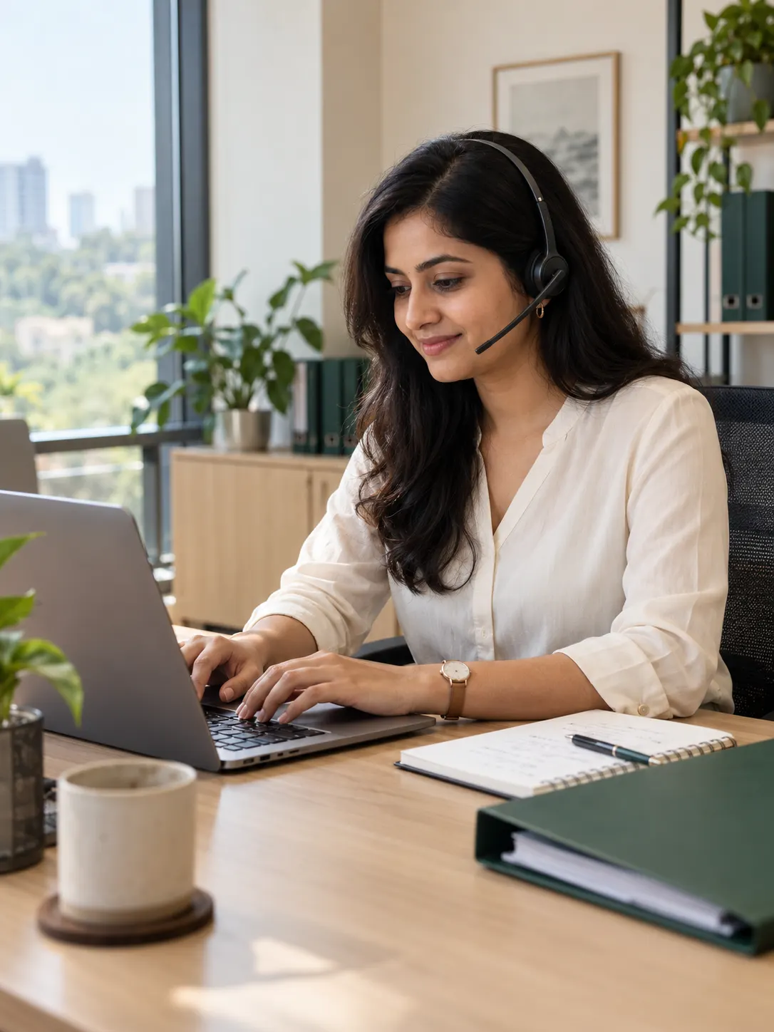 A compliance specialist with a headset answering an employee's PF query at her desk.