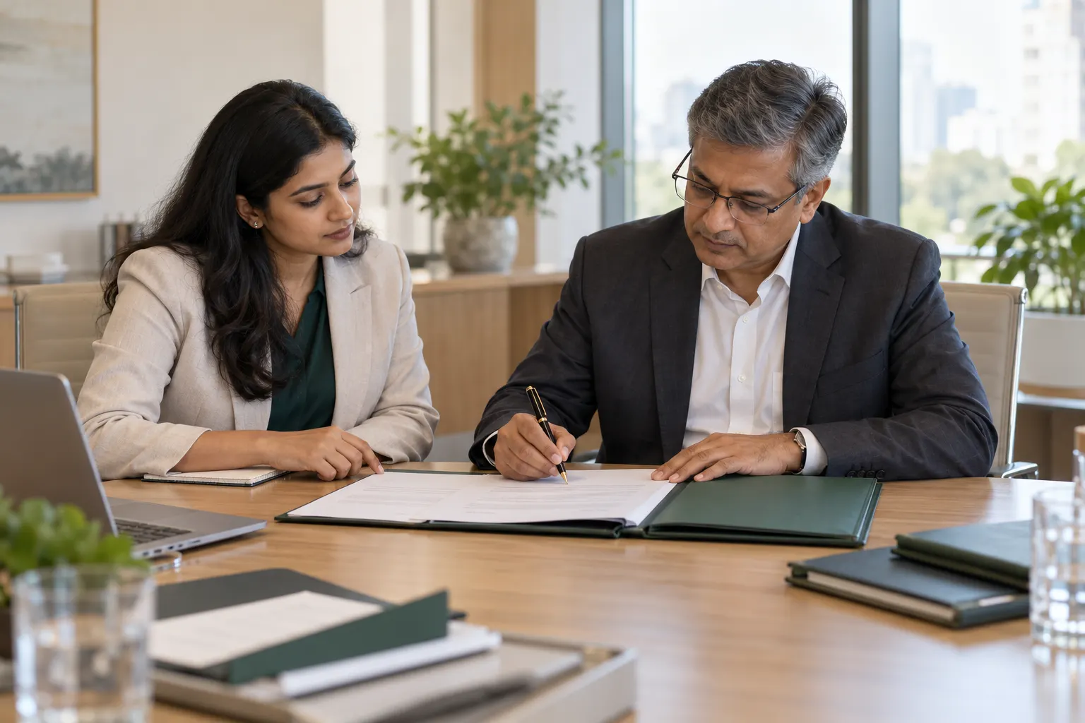 A company secretary and a director reviewing board documents at a conference table.