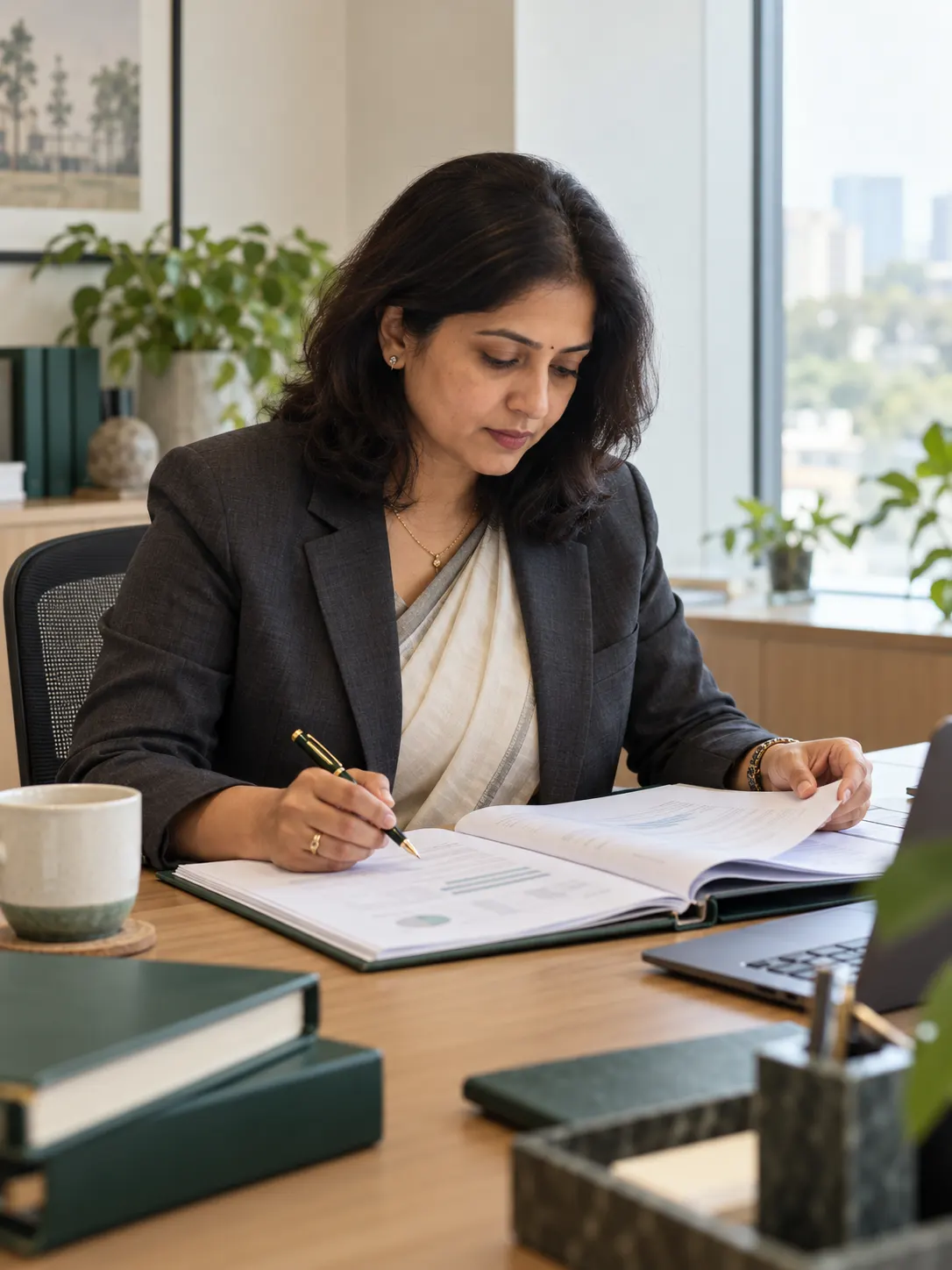A chartered accountant reviewing a bound audit report before signing.