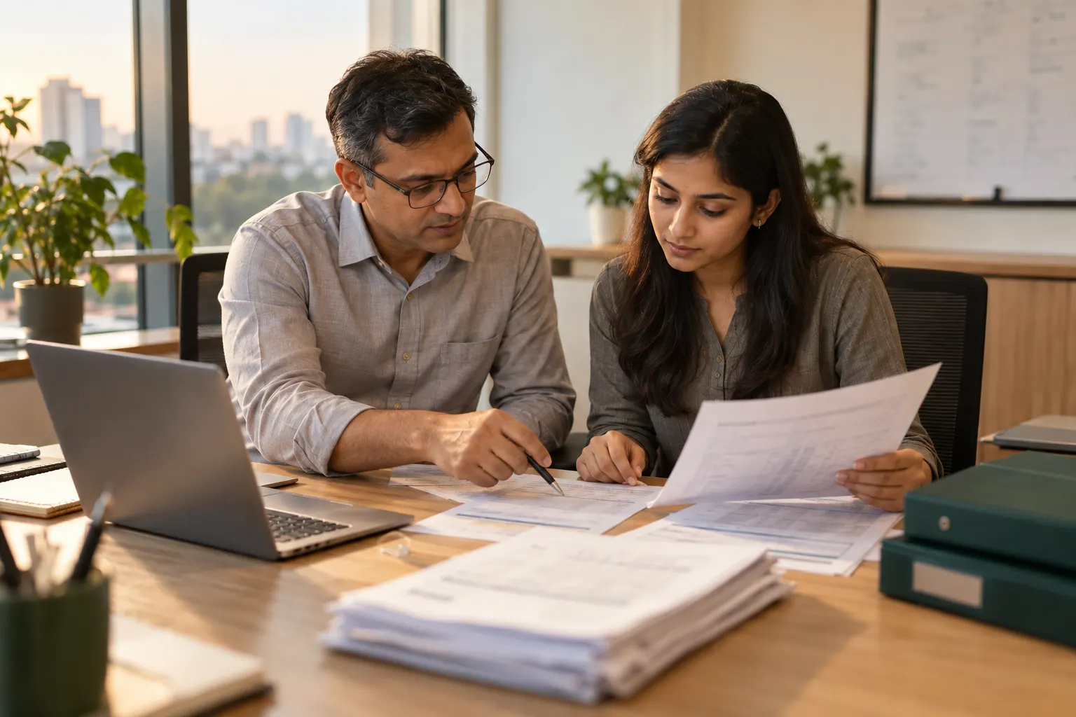 A finance team reviewing quarterly figures at a desk with a laptop and printed challans.