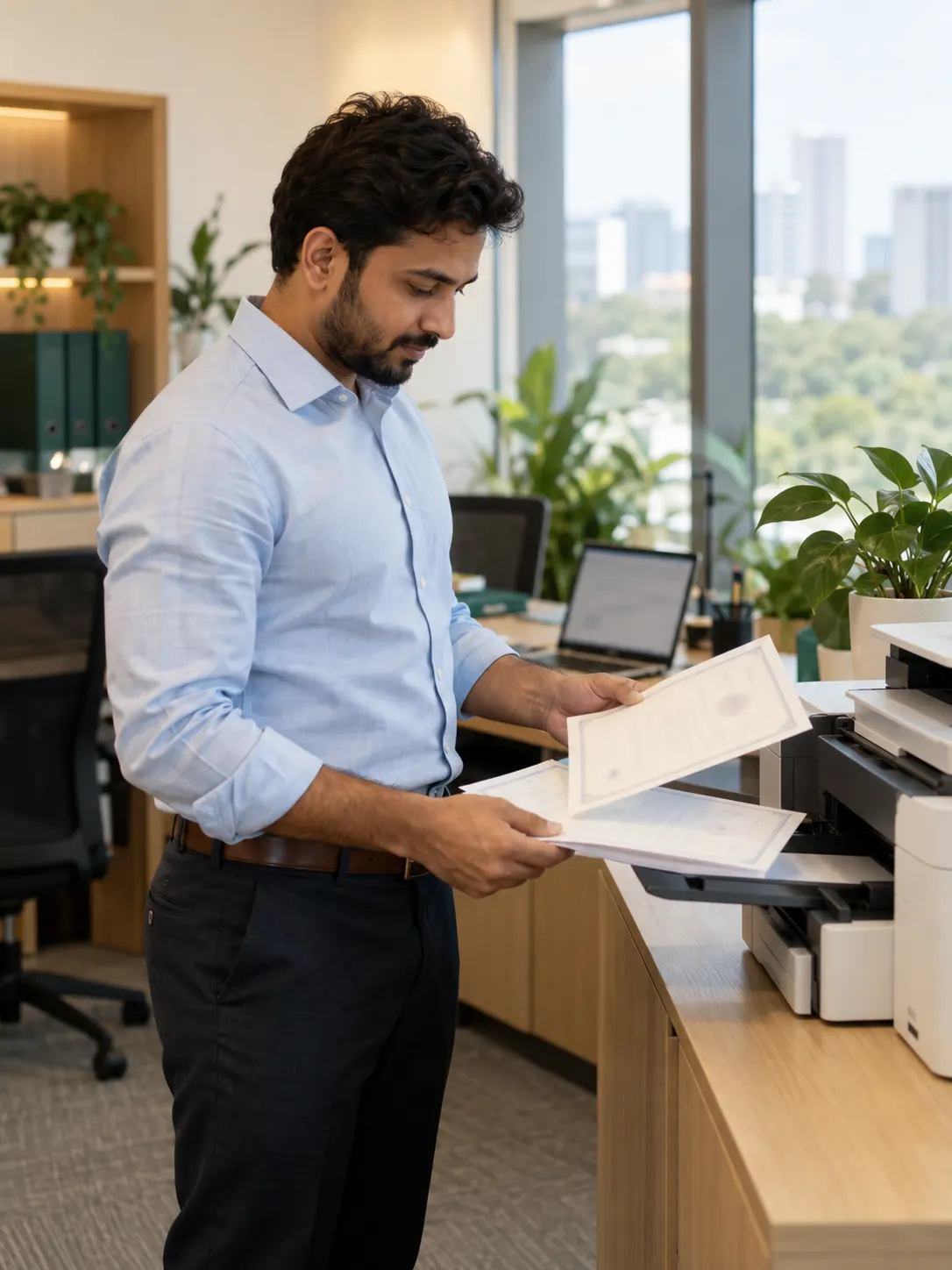 A tax specialist collecting printed certificates from an office printer.