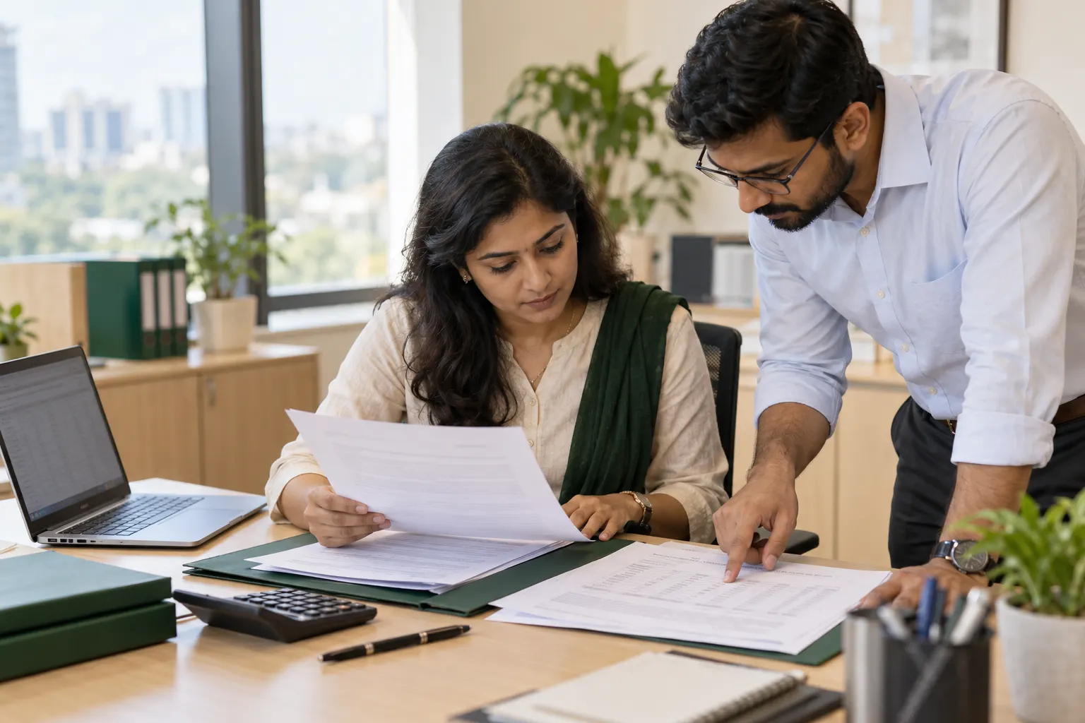 Two payroll specialists checking a printed wage notification against a payroll sheet.